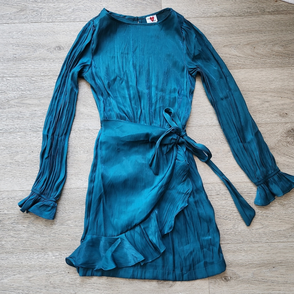 Heart & Heels Turquoise Faux Wrap Dress Womens Small Long Sleeves Ruffle  Party